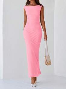 Women Elegant One Shoulder Mesh Maxi Dress Maxi Dress Summer Sleeveless Ruched Slit Back Bodycon Dress Formal Cocktail Wedding Guest Night Out Evening Valentine's Day Long Maxi Dress - 粉色 - 查看 6