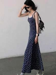 全新夏季碎花无袖中长连衣裙，内置衬里，百搭设计 - 藍色 - 查看 2