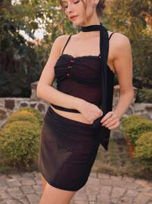 3pcs Set: Women Sexy Mesh 3D Rose Ruched Camis And Mesh Short Skirt And Mesh Scarf - Black - View 4