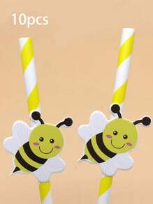 10pcs Bee Shaped Paper Straws, Kid's Birthday Party, Dessert & Bubble Tea Decorations, Baby Shower Party Decor - Multicolor - View 10