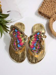 New Stylish Butterfly Design Gold Foil Print Thong Sandals For Teens, Suitable For Beach Vacation - Gold - View 1