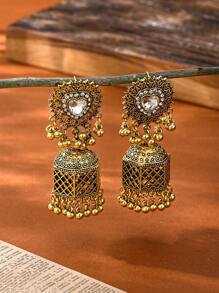 1pair Luxurious Vintage Heart-Shaped Rhinestone Earrings,South Asian Style Alloy Birdcage Pendant Jhumka Suitable For Women's Daily Wear, Party Jewelry
