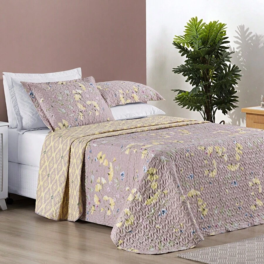 Double-Sided Bouti Bedspread With Pillowcase In Various Prints - Dusty Purple - View 1