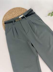 Women's Set: Summer Sleeveless Solid Color Round Neck Top And Wide Leg Pants With Belt And Bag - Grey - View 7