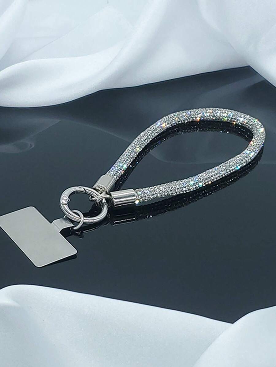 1 pieza Lujosa cadena de teléfono móvil con brillos y cristales, colgante de rhinestone, correa de muñeca para todos los modelos de teléfono, correa para smartphone, accesorio antifugas de alta gama - Plateado - Ver 1