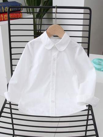 女童百搭白色长袖有领衬衫，简约风格，学生校园必备休闲装