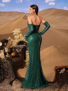 Faeriesty Vestido de noche lujoso y glamoroso con cuentas y lentejuelas, con mangas, cola de sirena y diseño de abertura alta - perfecto para galas de alfombra roja, bodas de lujo, premios de música y desfiles de moda en el metaverso