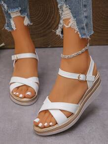 女士厚底凉鞋，圆头，经典百搭，室内工作鞋，户外休闲凉鞋，白色 - 白色 - 查看 4