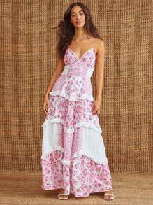 Women's 2025 Floral Summer Long Dresses Design Cake Skirt Boho Dresses For Vacation Travel Wear - Hồng - Xem 4