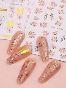 2 pièces Autocollants d'art pour ongles avec marguerites roses élégantes, fleurs à cinq pétales bronzées, feuilles, tranches de coquille d'œuf de Pâques, oreilles de lapin, décalcomanies adhésives, accessoires pour ongles d'été DIY