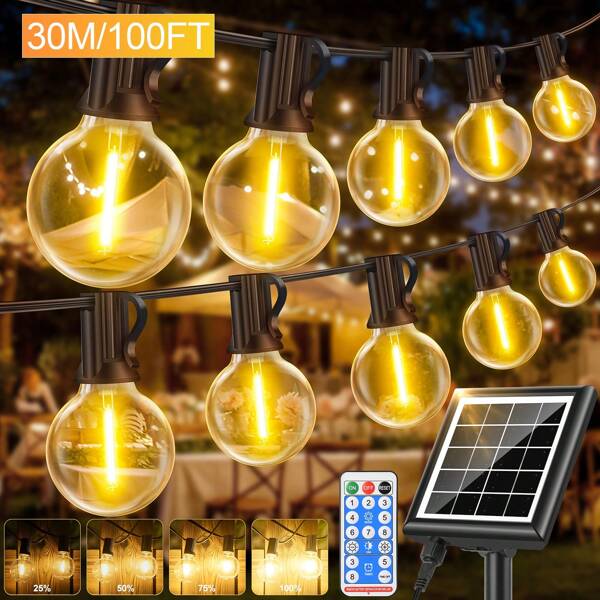 GerTong Solar String Festoon Lights Outdoor - Remote Control 30M / 98.4ft IP65 Waterproof LED Garden Lights Weatherproof Solar Powered Outside Light For Gazebo Pergola Patio