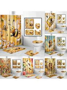 1-4 件套浴室套装包括可爱的蜜蜂和花朵印花浴帘、柔软法兰绒海绵浴室垫、防滑马桶 U 型垫、干湿分离浴室垫装饰