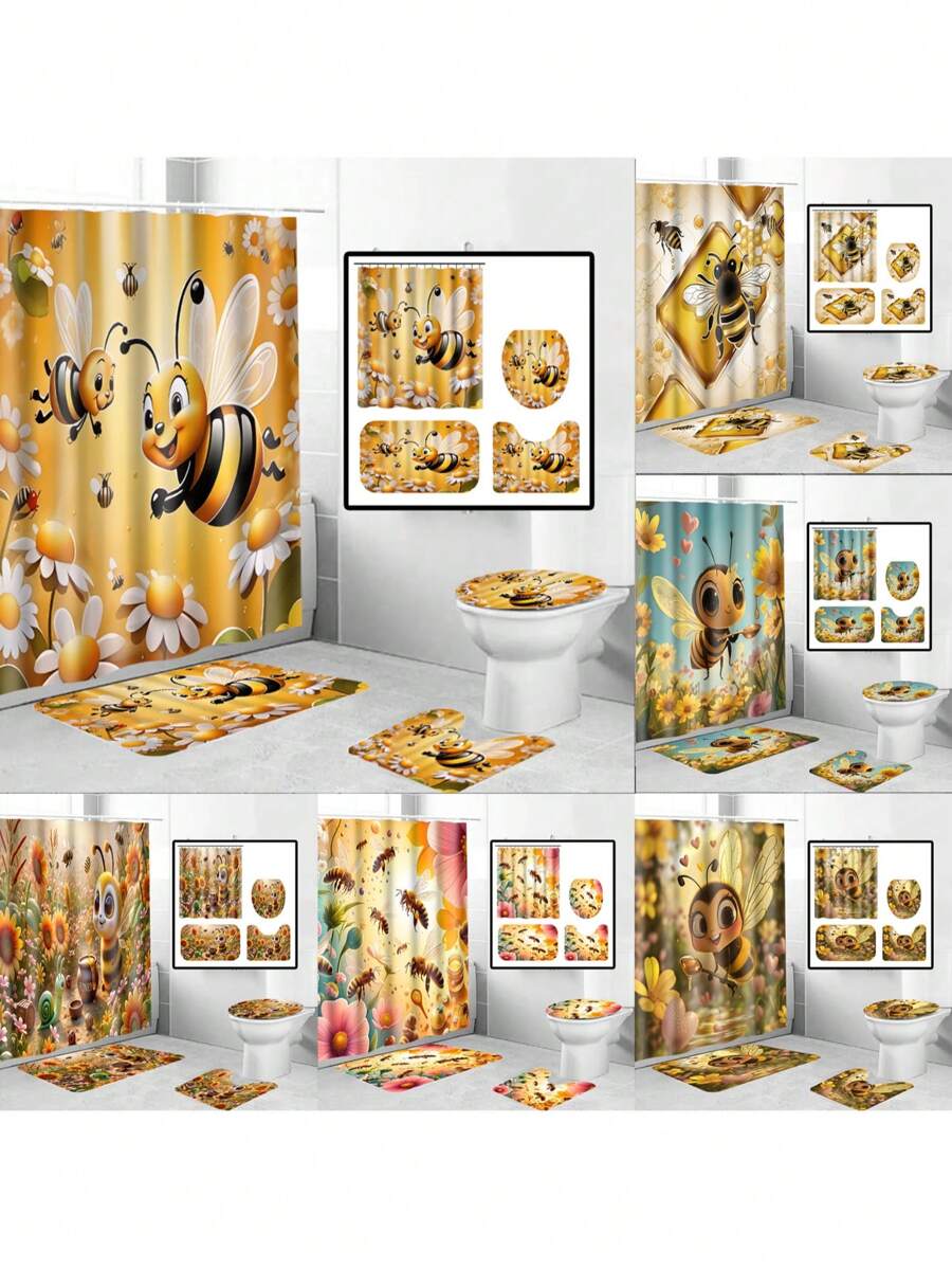 1-4 件套浴室套装包括可爱的蜜蜂和花朵印花浴帘、柔软法兰绒海绵浴室垫、防滑马桶 U 型垫、干湿分离浴室垫装饰