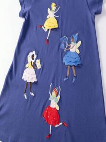 可爱女孩时尚短袖连衣裙，带有仙女图案，迷人可爱，春夏 - 藏蓝色 - 查看 9