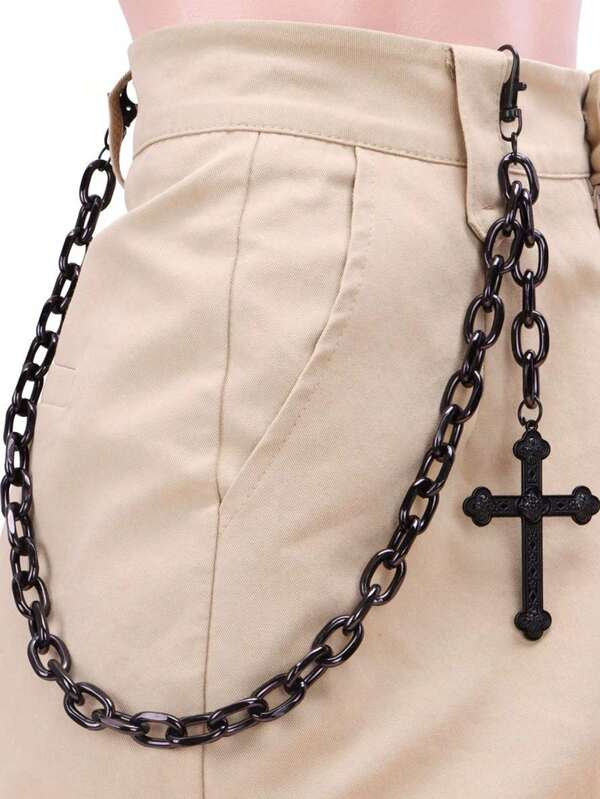 1 pieza Cadena de pantalón con colgante de cruz de metal oscuro de estilo de moda Y2K, accesorio adecuado para adolescentes, viajes de vacaciones, regalo de graduación