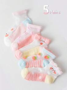 5 Pairs Girls Cartoon Pink Rabbit & Strawberry Mesh Mid-Calf Socks, Summer - Multicolor - View 4