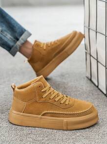 Men's Retro Minimalist Beige Patchwork Lace-Up Round Toe Skate Shoes, College Style Fashion Versatile High-Top Casual Sports Sneakers Work Boots - Camel - View 7