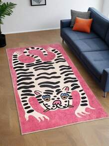 Faux Wool Plush Pink Tiger Designed Rectangular Area Rug - Soft, Washable, Non-Slip Home Decor Rug For Bedroom Or Living Room - Multicolor - View 7