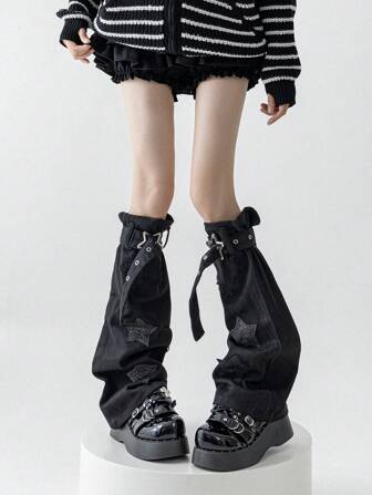 polve 可爱深色星星 Y2K 朋克摇滚过膝腿套，大腿袜圣诞礼物