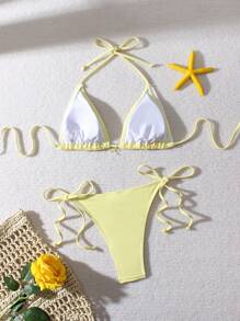 Top e Bottom de Maiô Bikini 2 Peças Amarelo Manteiga, Decote Halter, Costas Descobertas, Amarrado, Traje de Banho Feminino, Verão, Praia, Férias, Looks de Verão para Mulheres, Looks de Praia para Mulheres, Roupa de Praia Feminina, Maiô Bikini com Sustentação