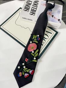 1 Stück schwarze Blumen Stickerei & Perlen Dekor Krawatte, matte Polyesterfaser, 48 cm extra lang, 3D-Stickerei, Perlen Akzente, verstellbarer Metallverschluss, elegante Abendgarderobe für Hochzeit, Jahrestag, Valentinstag