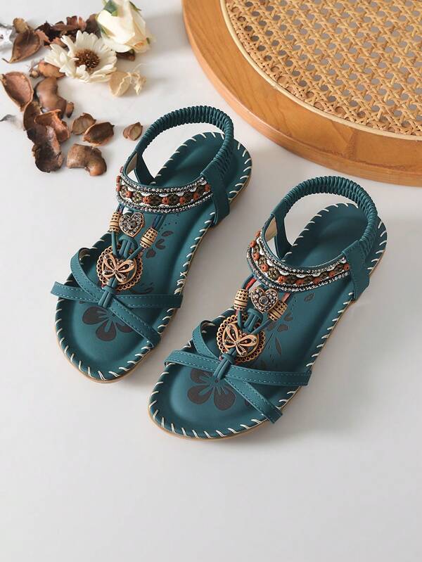 Women's Fashionable Rhinestone Toe Ring Slip On Flat Sandals, Bohemian Style, Comfortable, Versatile, Summer