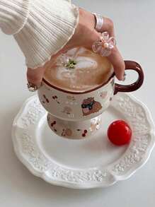 كوب قطة شتوي /خريفي للشفاء، كوب لاتيه خزفي مع رسم قطة وشجرة صنوبر، كوب طويل بلون كراميل للقهوة والحلويات - متعدد الألوان - مشاهدة 2