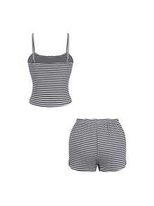 女士两件套休闲吊带背心上衣修身短裤针织条纹套装