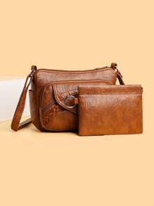 复古风格单肩包，纯色绗缝斜挎包，配有可调节肩带，多个口袋，容量大，重量轻，拉链开合，涤纶衬里，适合日常通勤、工作、旅行 - A - 查看 7