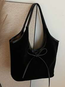 1PC Vintage Suede Casual Shoulder Handbag, Letter Embossed Bow Decoration Drawstring, Large Capacity - Black - View 3