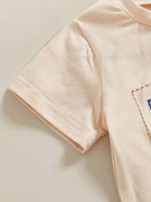 Conjunto de Ropa de Bebé y Niño Pequeño para el 4 de Julio - Camiseta con bordado de bandera americana + Pantalones cortos a cuadros, Atuendos adorables de verano para el Cuatro de Julio - Albaricoque - Ver 7