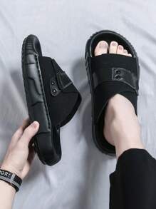 Men's Fashionable Versatile Height Increasing Slide Sandals, Thick Sole Hook-And-Loop, Summer - Black - View 4
