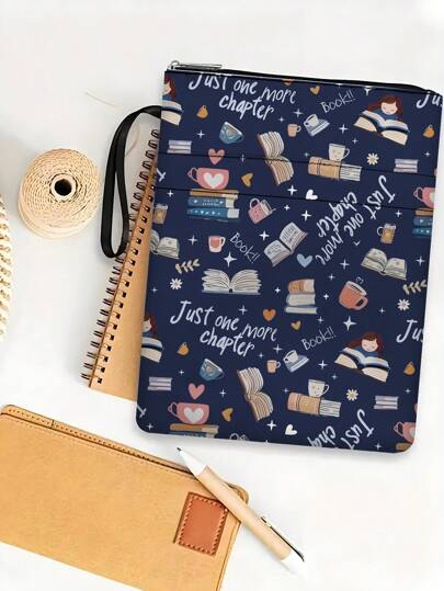 1 capa de livro com zíper com tema de livro azul, capa macia para livro, protetor de livro de bolso, bolsa para livros, capa de livro impressa, bolsa resistente à água com bolso frontal, caixa de livros lavável, bolsa multifuncional para armazenamento de livros, adequada para escola, alunos, professores, amantes de livros, volta às aulas, material escolar