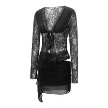 Women Summer Skirts Outfits Lace Low-Cut Tie-Up Front Long Sleeve Ruffles Crop Tops Mini Skirt 2 Pieces Clothes Set - 黑色 - 查看 5