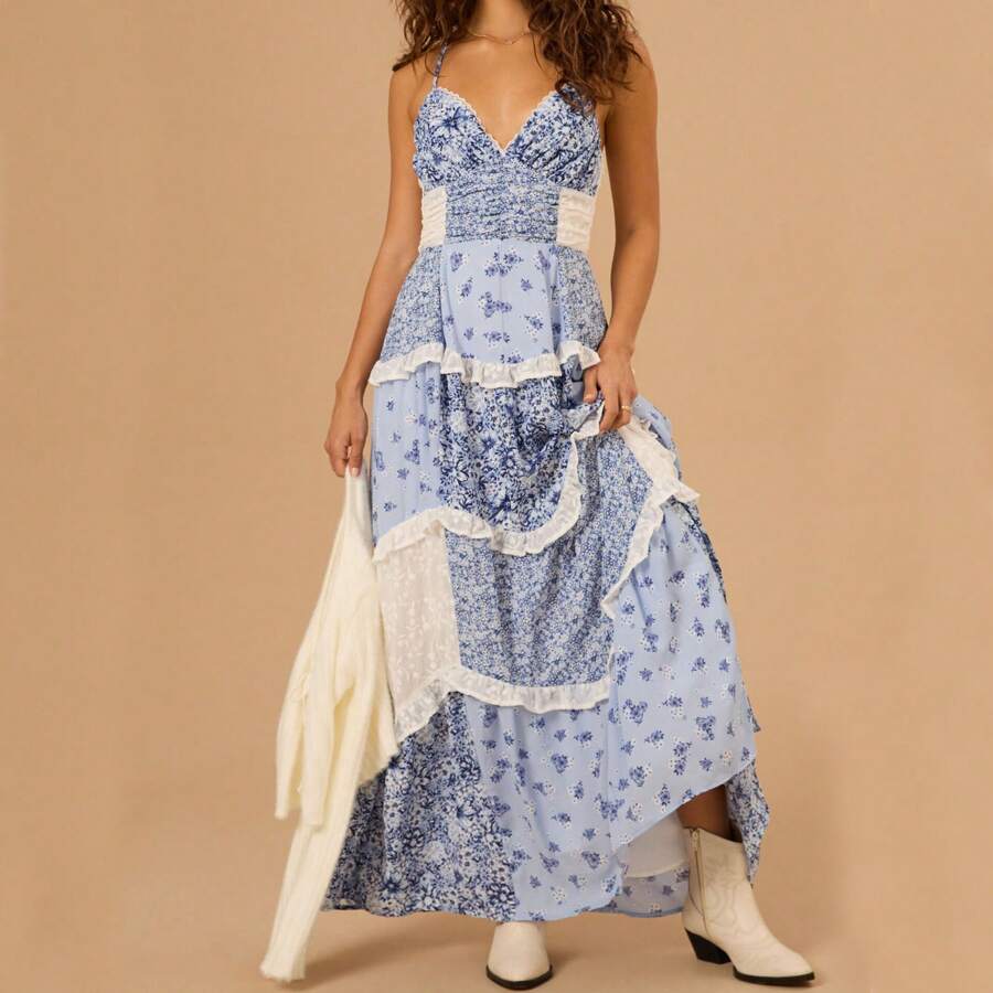 Women Floral Flowy Maxi Dress Lace Patchwork Boho Y2K Long Dress Cute Spaghetti Strap Deep V Neck Low Cut Beach Sundress Summer Backless Ruffle Flowy Long Dress - 藍色 - 查看 1