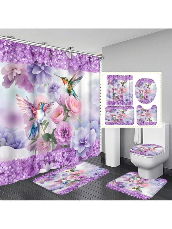 1 Pc/4 Pcs Hummingbird, Butterfly & Floral Pattern Multi-Functional Waterproof Bathroom Shower Curtain With 12 Hooks, Non-Slip Bath Mat, U-Shaped Toilet Mat & Round Toilet Lid Cover, Bathroom Set For Full Scene Use Back To School