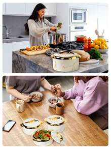 3 pièces, réchaud alimentaire Golden Touch, ensemble de plats à gratin isothermes avec couvercles, récipient en acier inoxydable isolé pour aliments chauds et froids, bol de service pour buffet, ensemble de réchauds à fondue, ensemble de réchauds à fondue, ensemble de casseroles de service, pour le bureau