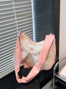 A Brand New Mini Bow Pearl Handbag, Fashionable And Avant-Garde, Made Of Exquisite And Simple Pu+Woven Material, Suitable For School, Shopping, Travel, And Spring Outings. It Is The Best Choice For Girl To Use In Spring And Is The Best Gift For Friends And Classmates - Bow Pearl Handbag - View 5