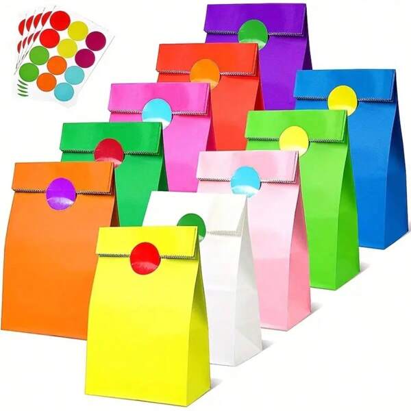 10/30/50 pezzi Sacchetti regalo in carta kraft, sacchetti colorati per feste con 1/3/5 pezzi di adesivi, adatti per varie festività, compleanni, matrimoni, piccole imprese (colori casuali)