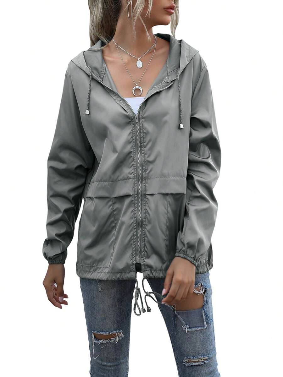 Women Water Resistant Hooded Jacket Solid Color Zipper Open Front Drawstring Coat Streetwear - Light Grey - View 1