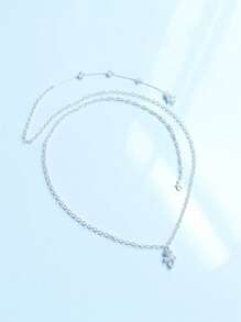 1pc Silver-Plated Rhinestone Leaf Shaped Necklace Chain - Silver - View 3