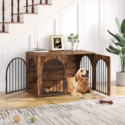 Hzuaneri Dog Crate Furniture, 100 Cm Wooden Dog Crate, Indoor Kennel For Small/Medium/Large Dogs, End Side Table Animal Crates, Anti-Chew, Anti-Escape, Arched Door Design