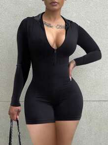 LovelyWholesale Women'S Casual Lapel Long Sleeved Zipper Solid Color Basic Romper For Spring And Summer - Black - View 4