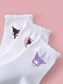1/5 Pares de Meias Cano Médio Infantis da Sanrio, Meias Femininas de Cor Sólida e Padrão Fofo de Kuromi/Coração, Meias Respiráveis, Macias e Absorventes de Umidade com Personagens Cartoon, Adequadas para Estudantes Voltando à Escola, Férias, Festas, Esportes ao Ar Livre, Escola, Presentes e Uso Diário