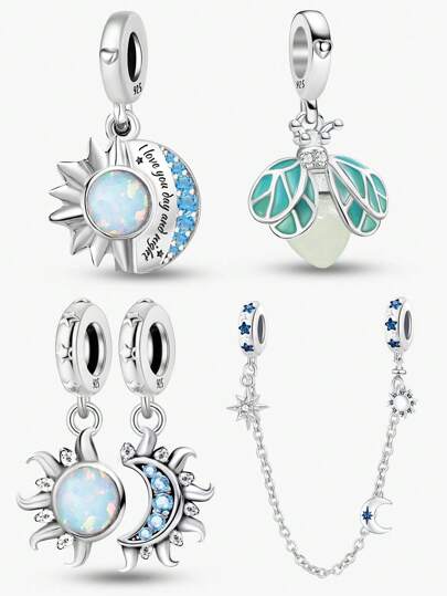 1 件 925 纯银蓝色星星和月亮系列情人节串珠吊坠饰品适合手链 DIY 女士珠宝