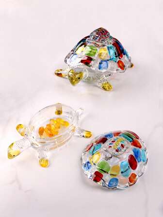 1pc Creative Colorful Glass Turtle Shaped Candy Jar With Lid, Household Storage Canister For Living Room, Tea Table Decor