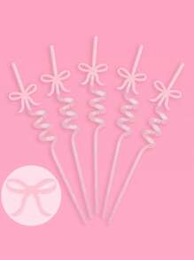 10 件装可爱闪亮蝴蝶结形塑料吸管，防烫伤，带蝴蝶结装饰的弯曲吸管，可重复使用的透明吸管，适用于冰茶、果汁、牛奶、鸡尾酒、冷饮、日常饮酒和工艺品、生日派对、婚礼、周年派对装饰派对用品家居用品 - 粉色 - 查看 2