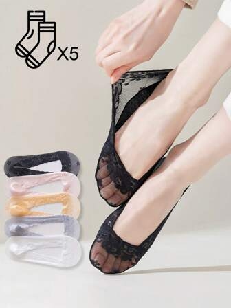 5 双女士薄款蕾丝隐形低帮防滑内衬袜子，适合夏季