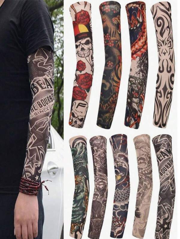 1 par de mangas de braço de tatuagem falsa unissex, capas de proteção solar de seda gelada respirável, estampas de padrões aleatórios para homens e mulheres, adequadas para ciclismo e direção no verão