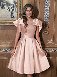 Faeriesty 优雅缎面连衣裙，蝴蝶结肩部和珍珠装饰 - 非常适合正式晚宴、新娘宾客装扮和艺术画廊庆典 - 香檳色 - 查看 4